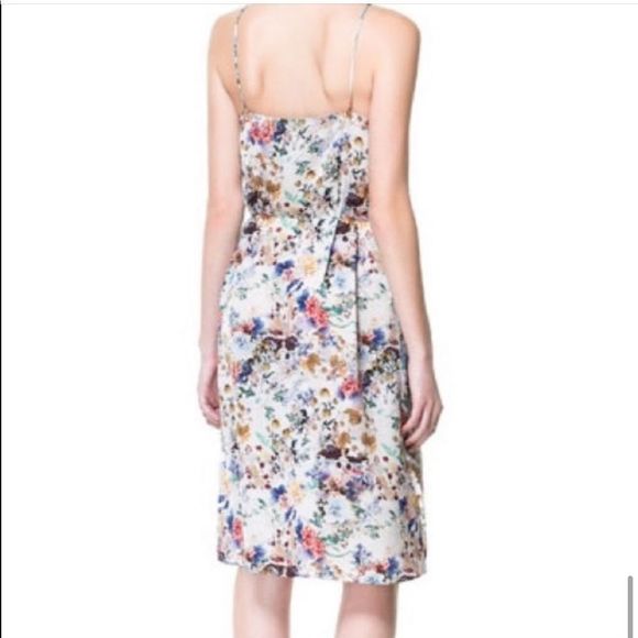 Zara Basic White & Multicolor Floral Satin Spaghetti Strap Midi Slip Dress - Picture 3 of 14